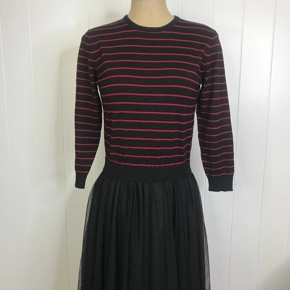 English Factory Black/Red Stripe Midi Sweater Dress With Tulle Skirt L - Picture 2 of 10